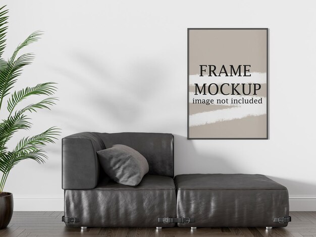 Mockup dünner bilderrahmen über ledersofa