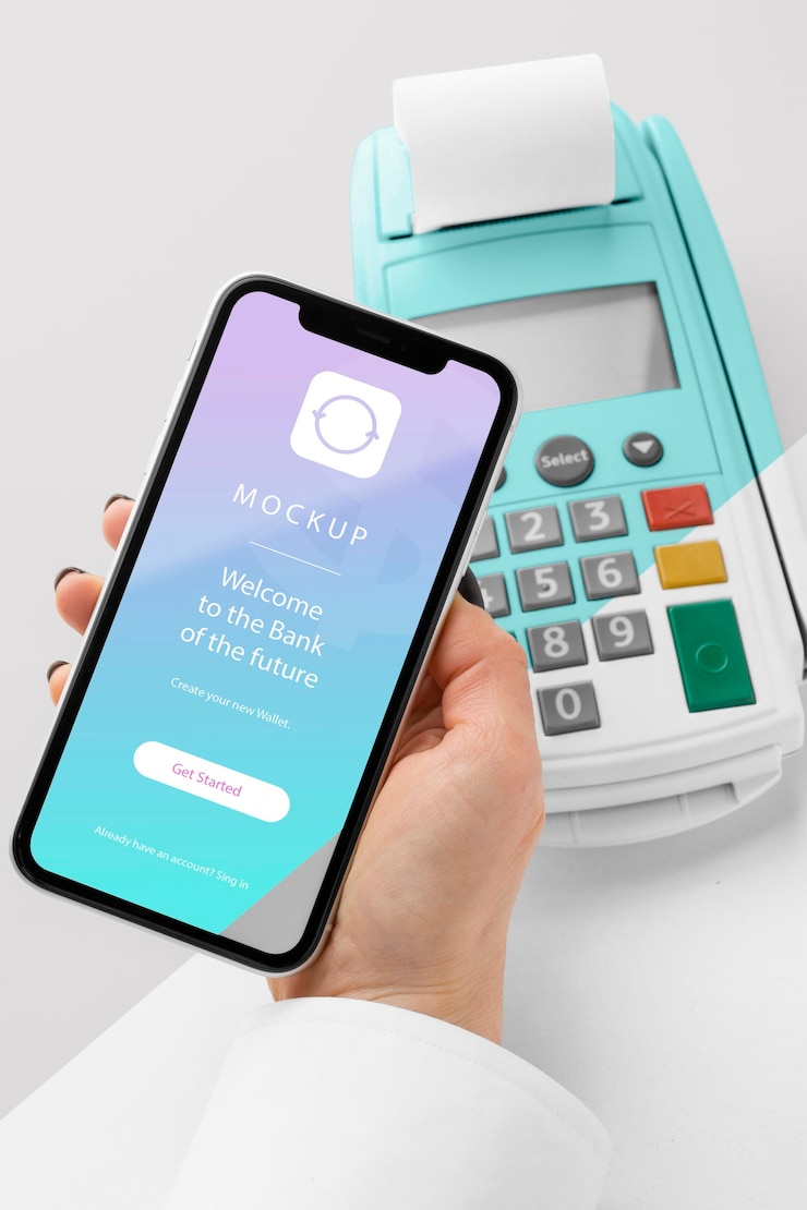 PSD mockup e-payment dengan smartphone dan terminal pembayaran