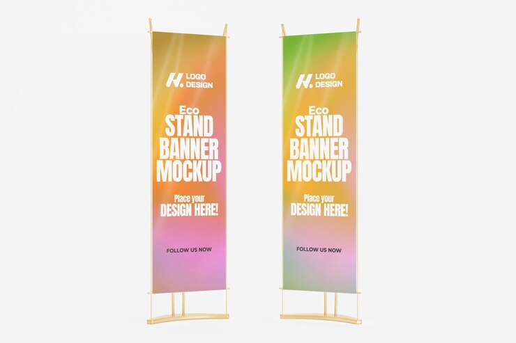 Mockup de Eco Stand Banner renderizado en 3D para publicidad y promoción
