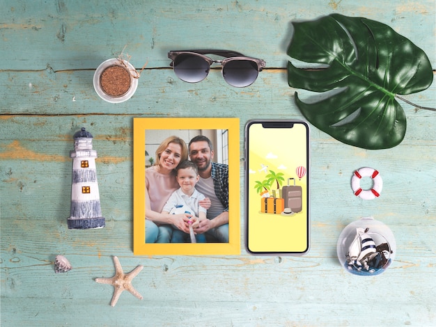 Mockup editable flat lay de marco con elementos de verano