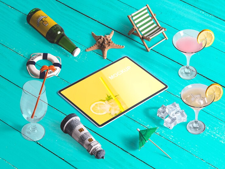 PSD mockup editable isométrico de tableta con elementos de verano