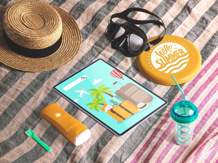 PSD mockup editable isométrico de tableta con elementos de verano