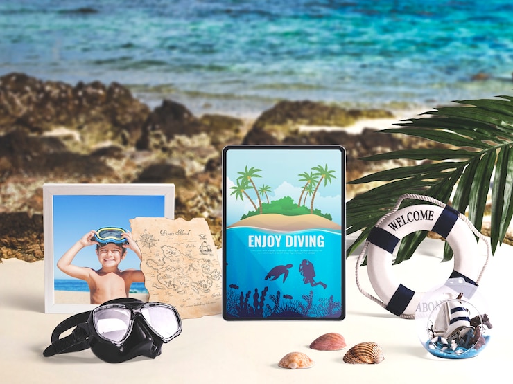 PSD mockup editable de tableta con elementos de verano
