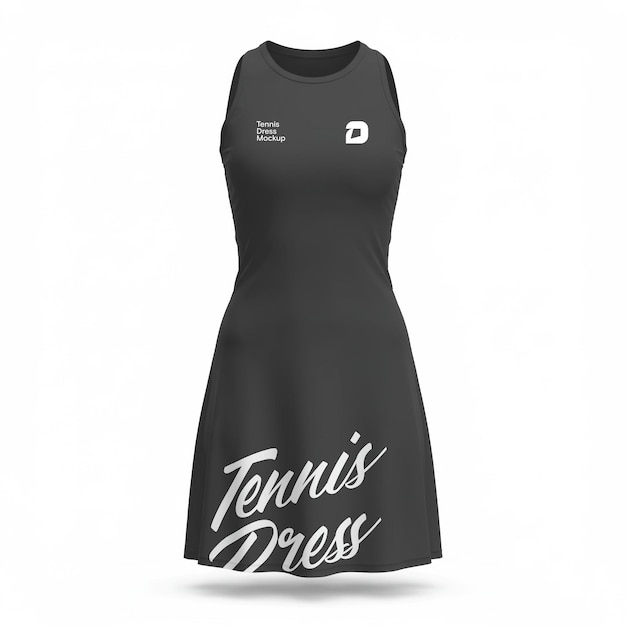 Mockup eines schwarzen Ärmellosen Tenniskleides mit weißem Design