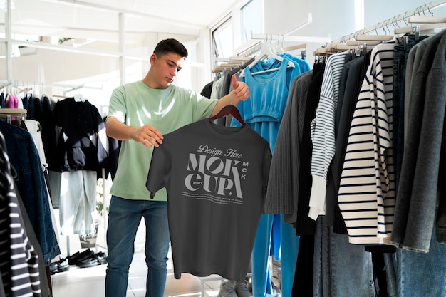 PSD mockup eines t-shirts im laden