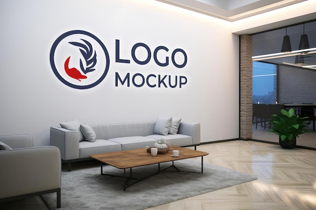 Mockup elegante vetrina con logo su una parete bianca dell'ufficio