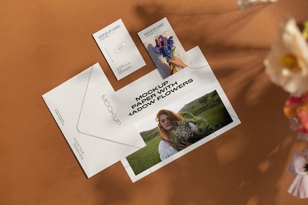 PSD mockup de elementos de papel con sombra de flores