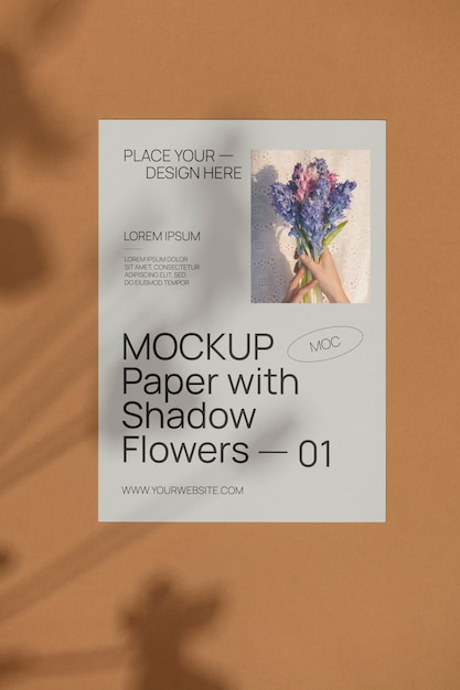 PSD mockup de elementos de papel con sombra de flores