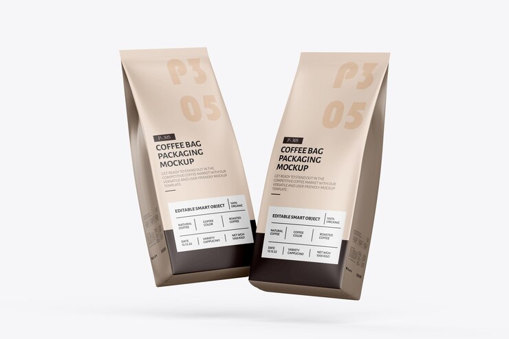 Mockup de embalaje de bolsas de café en vista flotante