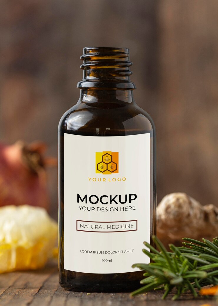 PSD mockup de empaque de medicina natural con ingredientes