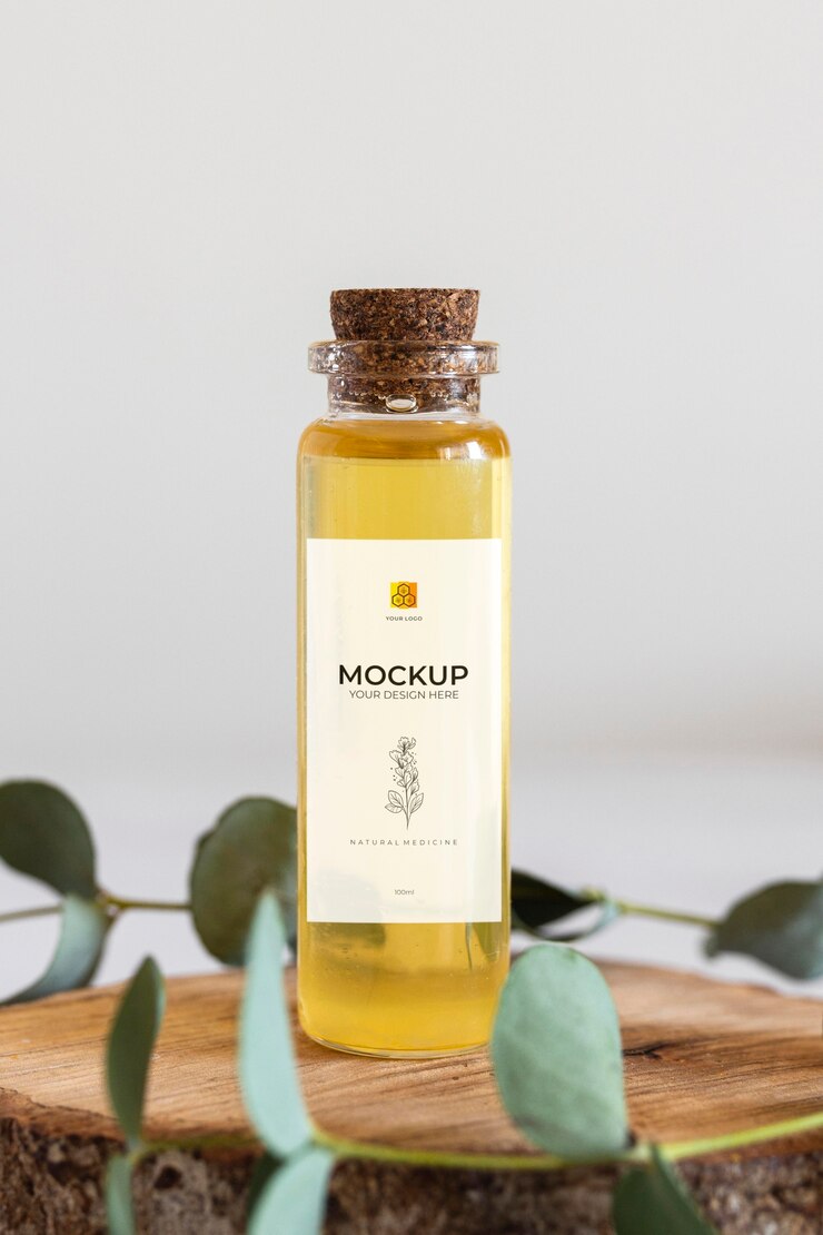 PSD mockup de empaque de medicina natural con ingredientes