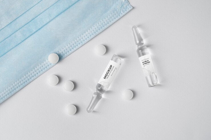 PSD mockup del enfoque científico del embalaje del vial.