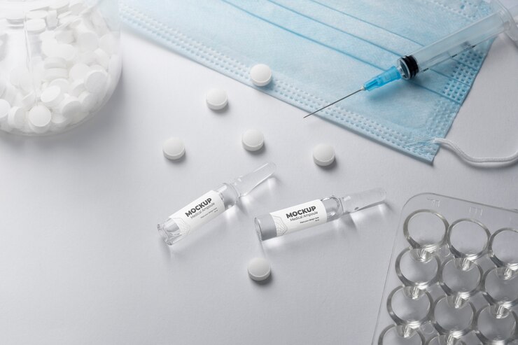 PSD mockup del enfoque científico del embalaje del vial.
