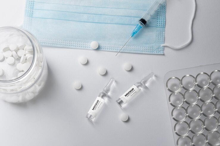 PSD mockup del enfoque científico del embalaje del vial.