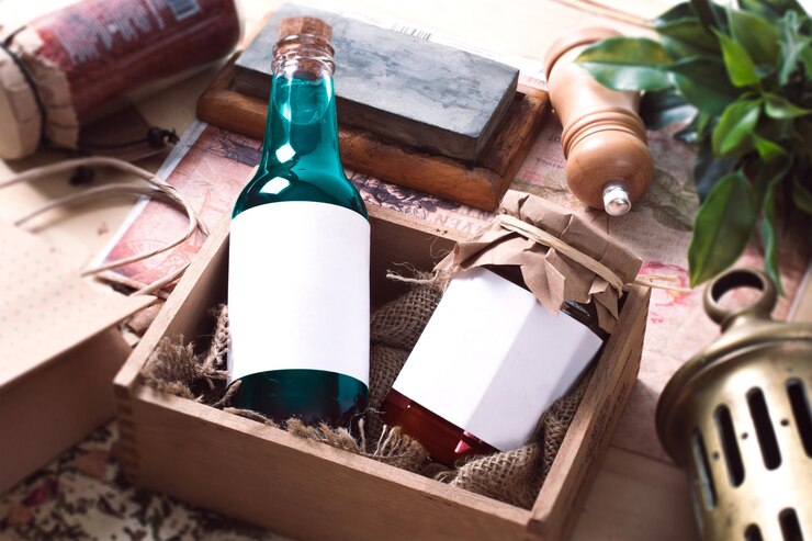 PSD mockup de envases de bebidas rústicos con botellas de vidrio y cajas de madera