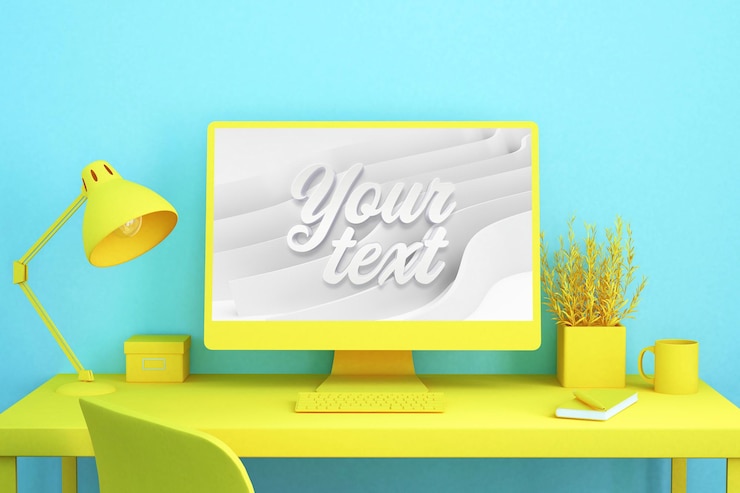 PSD mockup de escritorio amarillo y efecto de texto