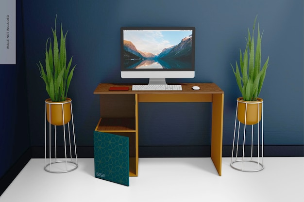 Mockup de Escritorio de Madera con Planta