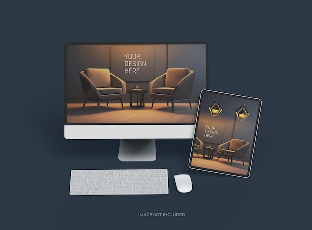 Mockup de escritorio y tableta para uiux product showcase 3d render