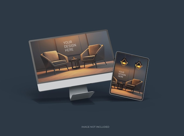 Mockup de escritorio y tableta para uiux product showcase 3d render