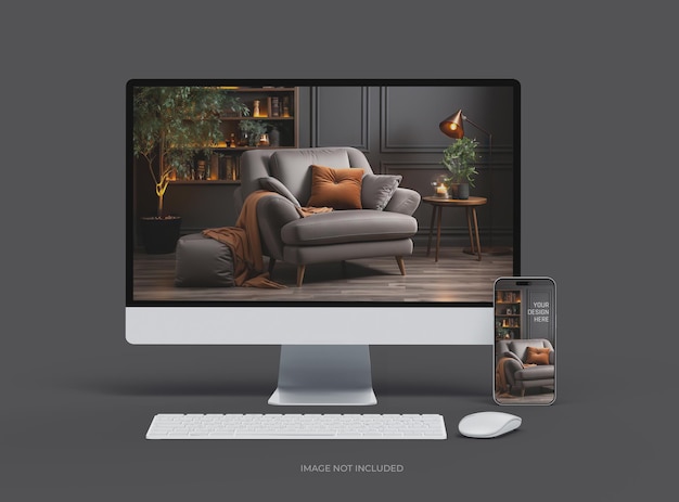 PSD mockup de escritorio y teléfono para uiux product showcase 3d render