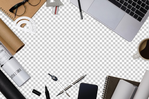 Mockup de espacio de trabajo de vista superior de un proyecto arquitectónico con un ordenador portátil, planos de proyecto arquitectónico, herramientas de ingeniería, suministros de oficina y taza de café caliente, transparencia PNG con sombra.