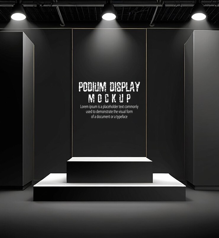 PSD mockup de exhibición en el escenario del podio negro para vitrinas de productos llamativos