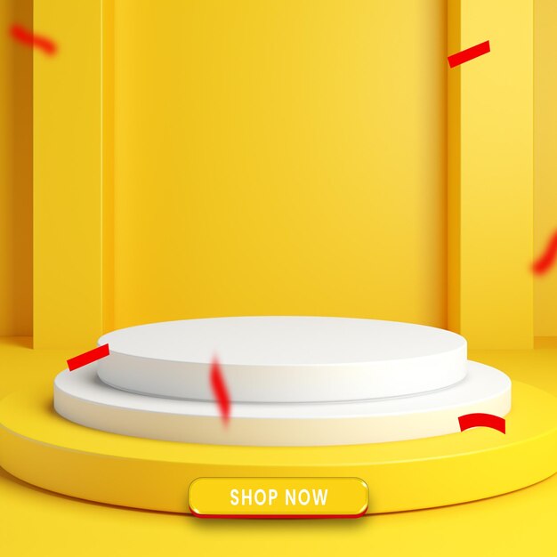 Mockup de exhibición de productos minimalistas con podio blanco sobre fondo amarillo