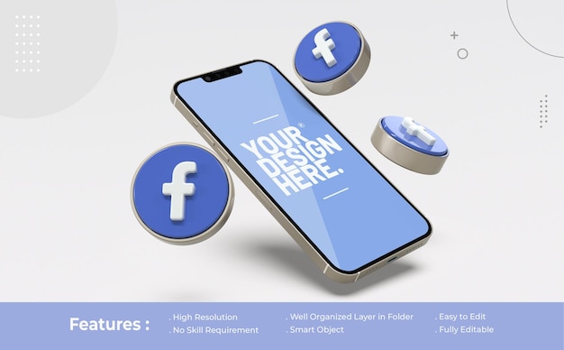 PSD mockup facebook auf dem handy mit symbol 3d