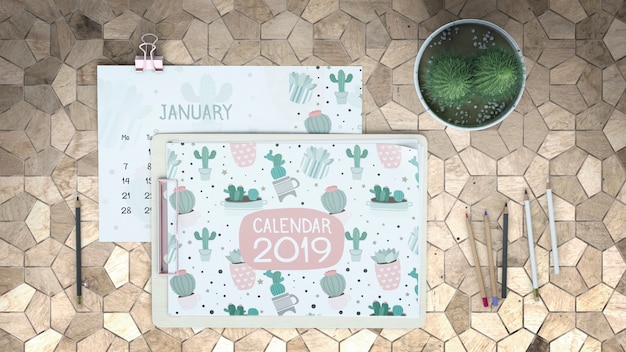 Mockup flat lay decorativo de calendario