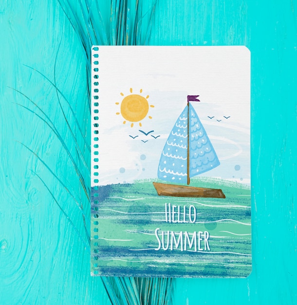 Mockup flat lay de libreta con elementos de verano