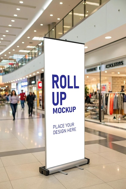 Mockup de fondo de un centro comercial con una pancarta enrollable