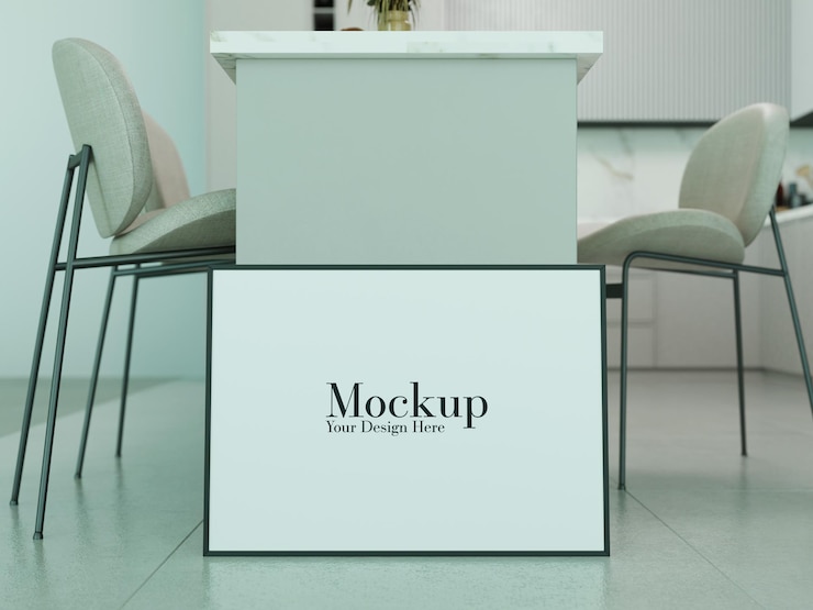 PSD mockup frame in a modern kitchen setting