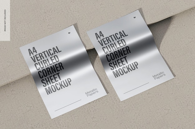 Mockup für vertikale, metallisch gewellte Eckblätter im A4-Format, Ansicht von oben