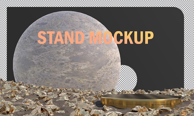 PSD mockup gold stand display con concepto de rocas doradas abstracto y fondo lunar