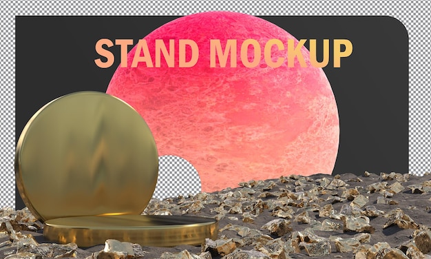 Mockup Gold stand display con concepto de rocas doradas abstracto y fondo lunar