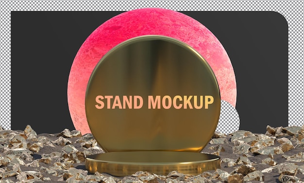 Mockup Gold stand display con concepto de rocas doradas abstracto y fondo lunar