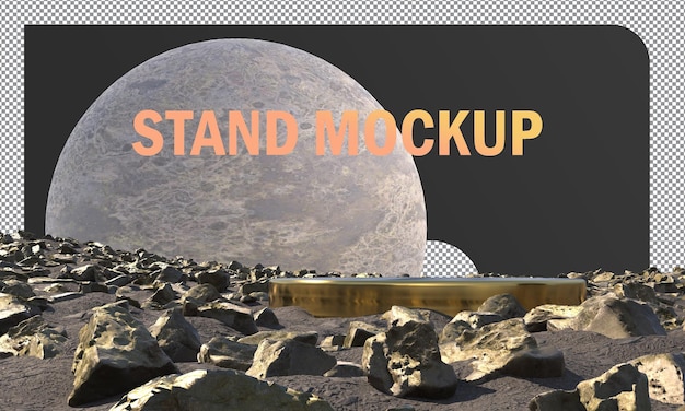 Mockup Gold stand display con concepto de rocas doradas abstracto y fondo lunar