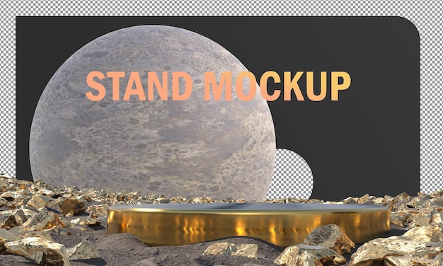 Mockup gold stand display mit abstraktem goldfelsen-konzept und mondhintergrund