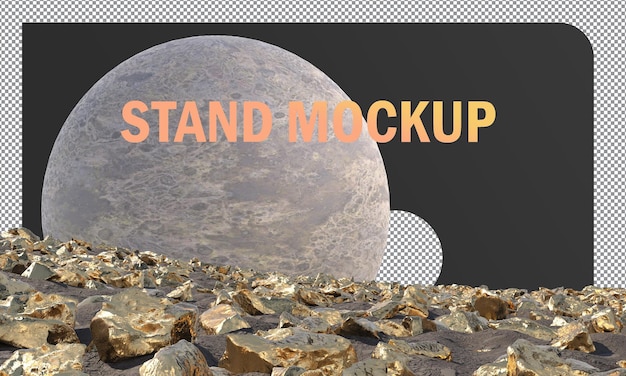 Mockup Gold Stand Display mit abstraktem Goldfelsen-Konzept und Mondhintergrund