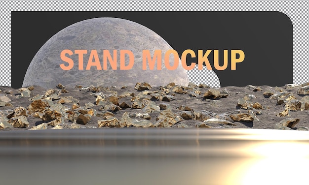 Mockup gold stand display mit abstraktem goldfelsen-konzept und mondhintergrund