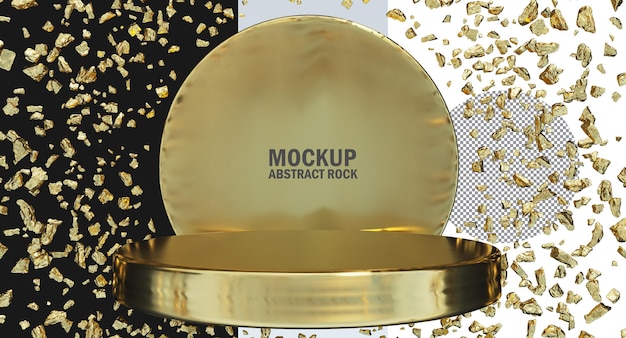 Mockup gold stand display mit abstraktem goldfelsen-konzept und mondhintergrund