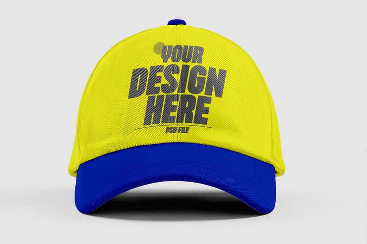 PSD mockup de gorra de béisbol amarilla y azul vista frontal para la colocación de logotipos de marca o prendas personalizadas