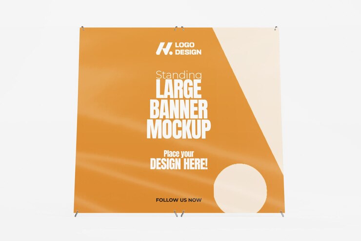 Mockup de una gran pancarta de pie renderizada en 3D para exhibición promocional