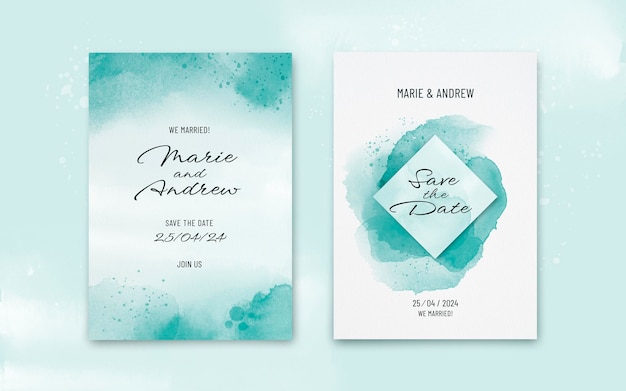 PSD mockup-hochzeitseinladungsschablone mit elegantem aquarell befleckt hintergrund