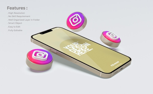 Mockup instagram en teléfono móvil con icono 3d