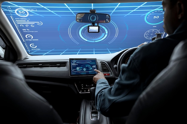 Mockup interattivo del parabrezza psd in auto a guida autonoma