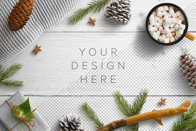 Mockup de invierno acogedor con caja de regalo y bebida caliente
