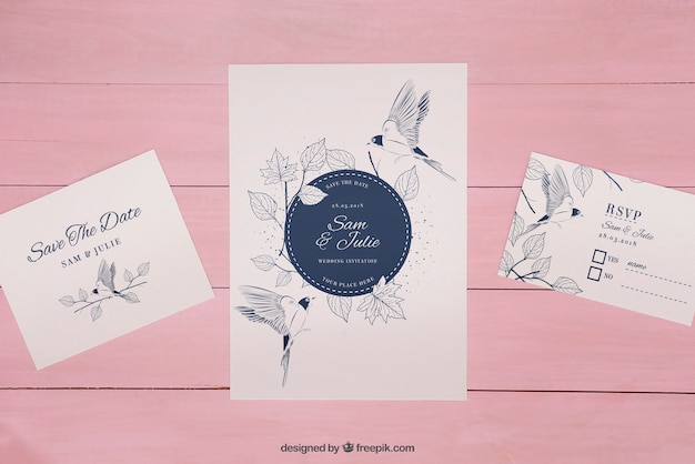 Mockup de invitación de boda sobre fondo de madera rosa