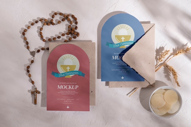 Mockup de invitación de comunión flat lay boy