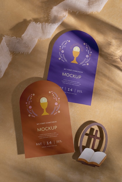 Mockup de invitación de comunión flat lay boy